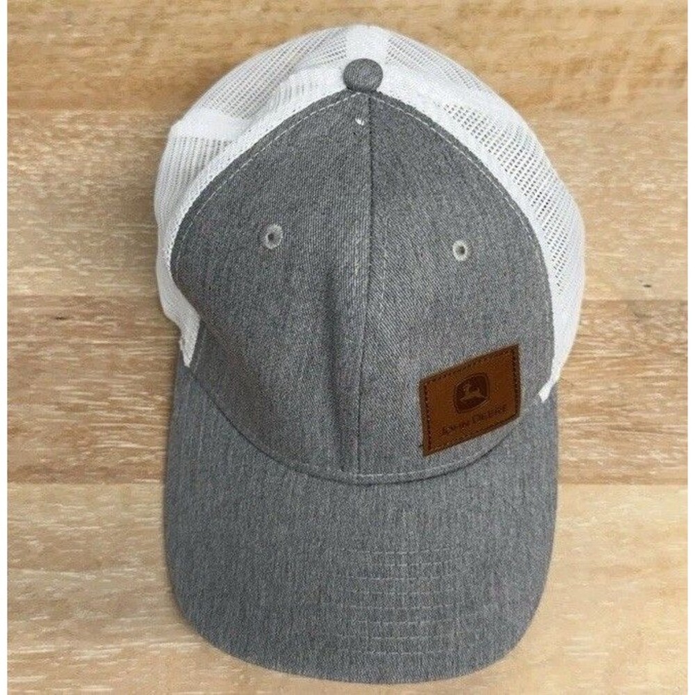 John Deere Gray White Mesh Trucker Hat Leather Patch
